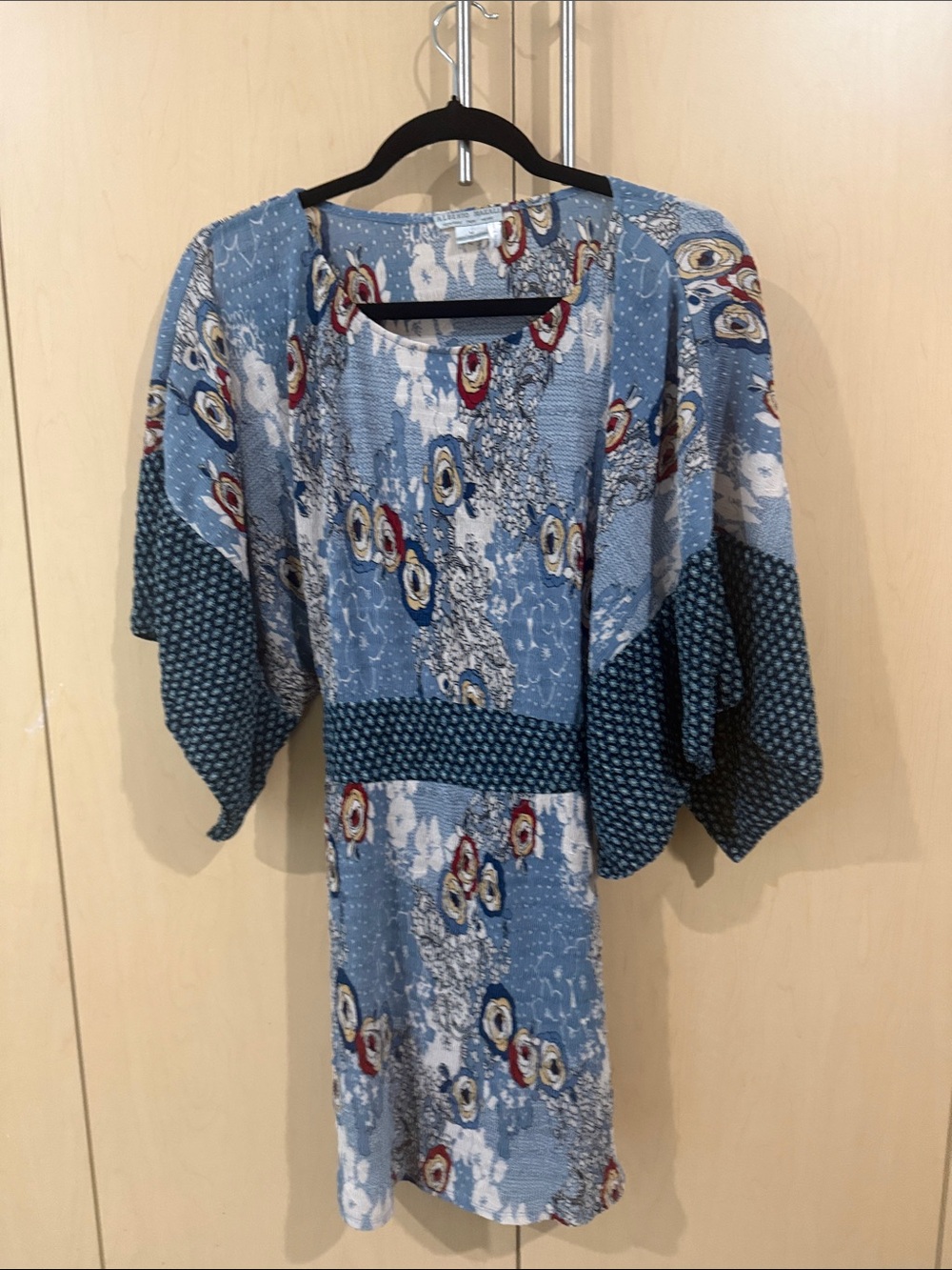 Alberto Makali Light Blue Patterned Boho Dress with Navy Accents